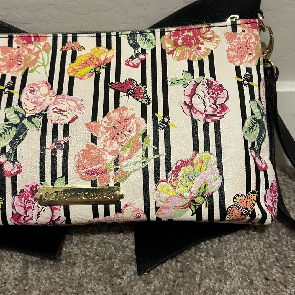 Betsey Johnson vintage clutch Floral Stripe Crossbody Bag Big Bow - Picture 7 of 13